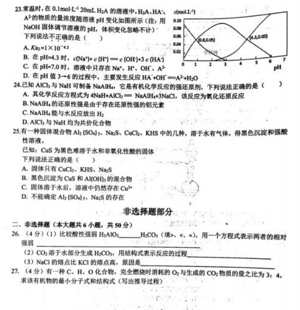 2020届浙江省选考科目考试化学模拟试题