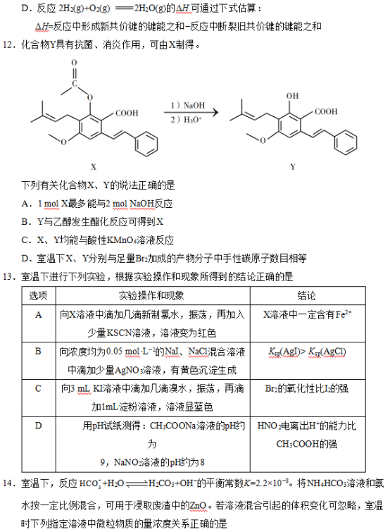 2019年江苏高考化学试题【精校版】