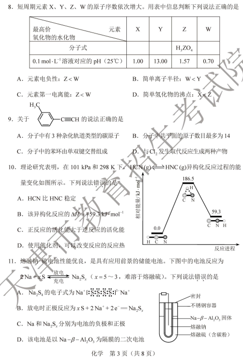 2020天津高考化学真题试卷【图片】