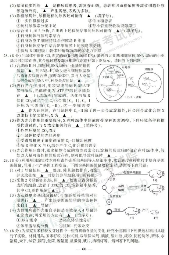 2019年江苏高考生物试题及答案