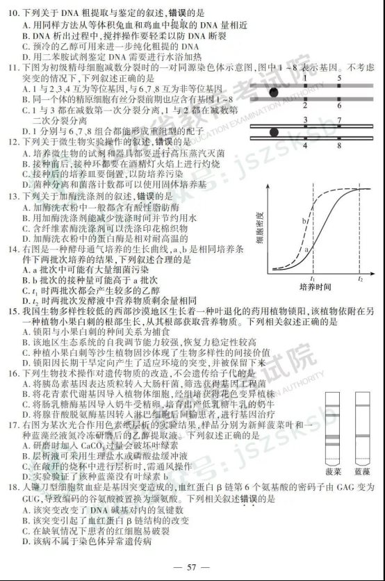 2019年江苏高考生物试题及答案