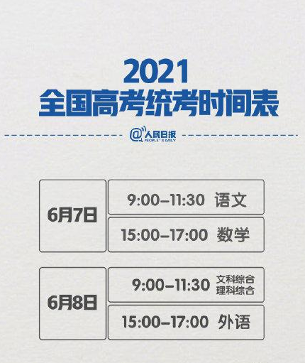 2021年全国高考时间确定：6月7日、8日高考