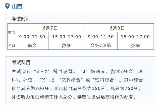 2021年山西高考具体时间及科目安排