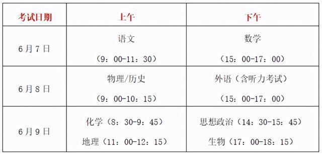 2021全国高考各科目时间安排 全国高考从几号开始