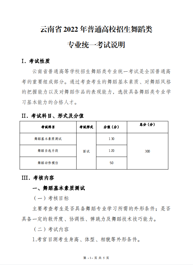 2022年云南省普通高校招生舞蹈类专业统一考试说明