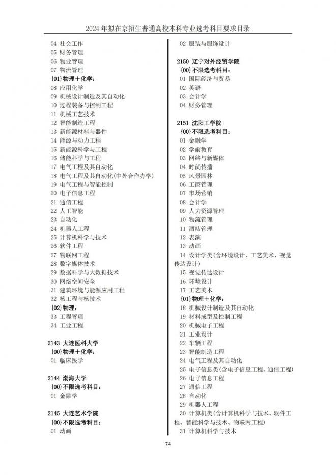 2024年拟在北京招生普通高校本科专业选考科目要求目录