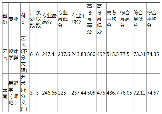 杭州师范大学2021年云南艺术类分专业录取分数线