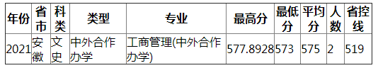 成都理工大学2021年安徽（文史）中外合作办学录取分数线